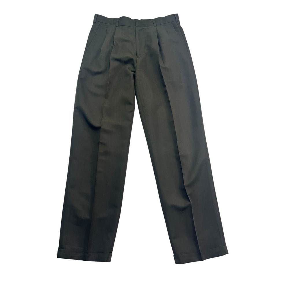 vtg 90s Perry Ellis 34x34 Olive Green Dress Pants Trousers Pleated Cuffed Mens